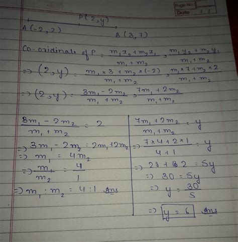 find the ratio in which the point (2,y) divides the line segment ...