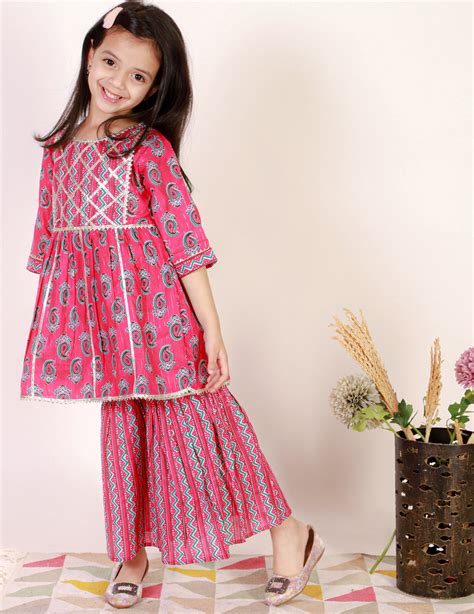 Girl Pink Kids Girls Printed Pure Cotton Kurti Sharara Set – Superminis