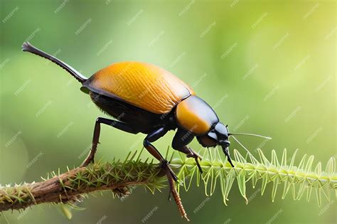 Premium AI Image | A black and orange beetle sits on a branch.