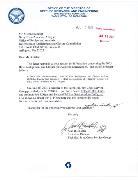 Executive Correspondence – Letter dtd 07/07/05 to Commission Navy Team ...