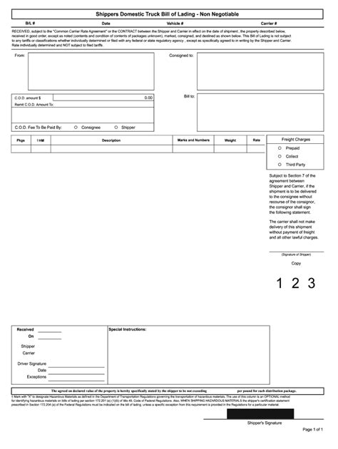 Shippers Domestic Truck Bill of Lading - Blank Fillable Template | Fill ...