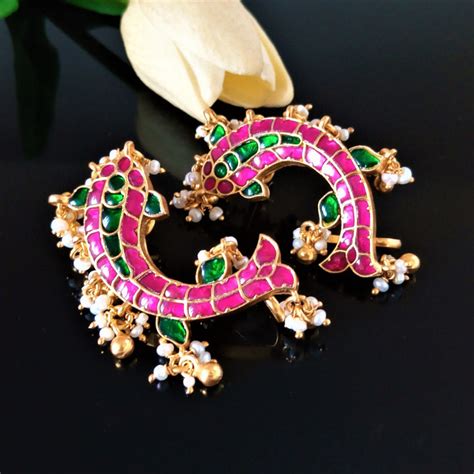 Handmade Pure Silver Kundan Fish Pearl Ghungroo Ear Cuffs – Enumu