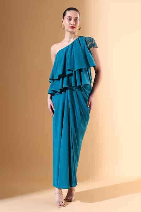 Buy Blue Modal Beads One Shoulder Draped Embellished Dress For Women by ...