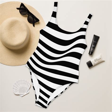 Black and White Wavy Lines One-piece Swimsuit, All Figures Swimwear ...