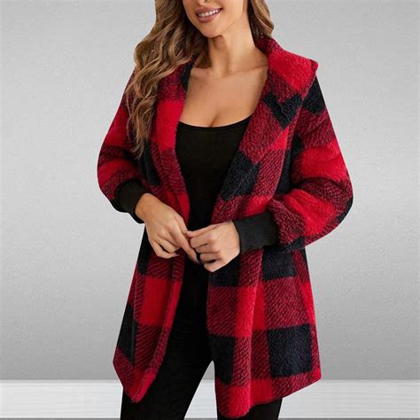 Aobny Going Out Tops for Women Red Cardigan V-Neck Plaid Long Sleeve ...