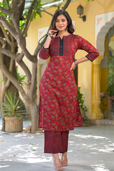Yash Gallery Women's Cotton Floral Print Straight Kurta Palazzo Set