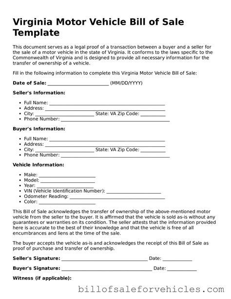 Valid Virginia Motor Vehicle Bill of Sale Forms - Simple PDF Template