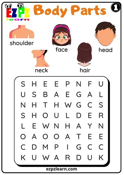 Body Parts Words Search Worksheets for Kids and ESL PDF Download set 1 - Ezpzlearn.com