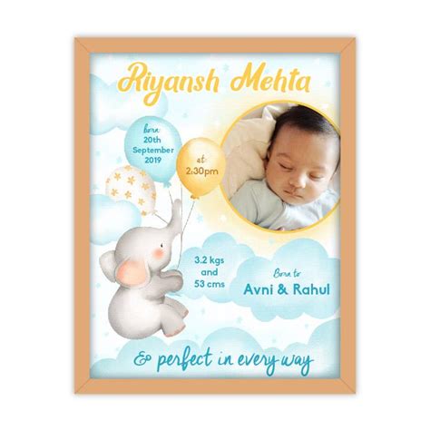 Baby Birth Detail Frame customised personalised - Baby Elephant – GWD Kids