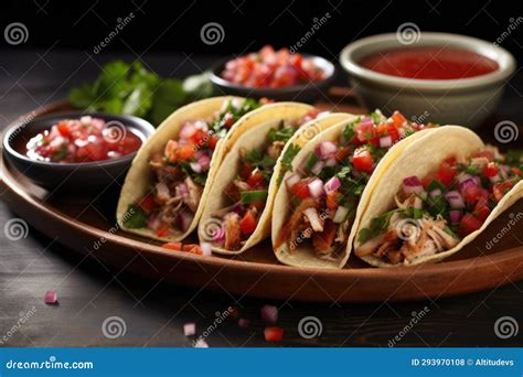 Delicious-looking Pork Tacos with Three Different Types of Salsa Stock ...