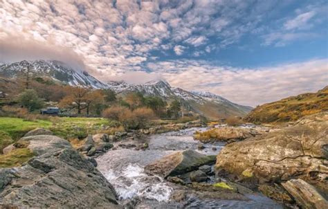 Wallpaper clouds, landscape, mountains, river, stones, valley, Wales ...