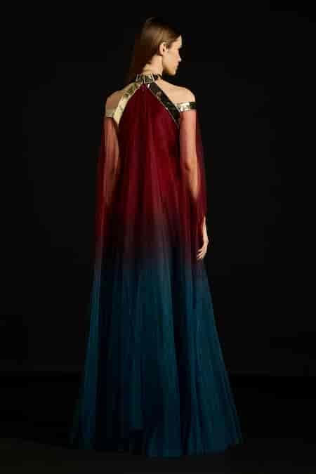 Buy Red Satin, Tulle Metallic Thread Halter Neck Layered Dress For ...