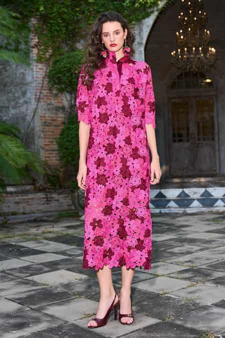 Buy Fuchsia Polyester Lace Collared Floral Pattern Dress For Women by ...