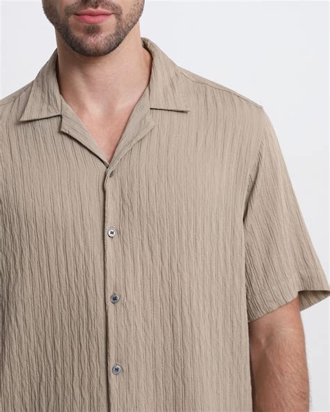 Beige Textured Plain Relaxed Fit Casual Shirt