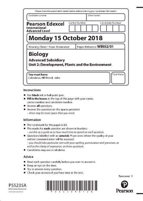 October 2018 IAL Biology Unit 2 Exam Paper - Edexcel - Studocu