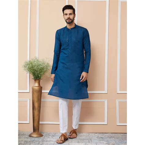Buy See Designs Navy Blue Embroidered Chanderi Silk Straight Kurta with ...