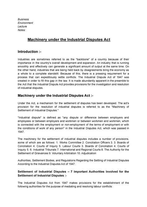 Machinery under the Industrial Disputes Act - Business Environment ...