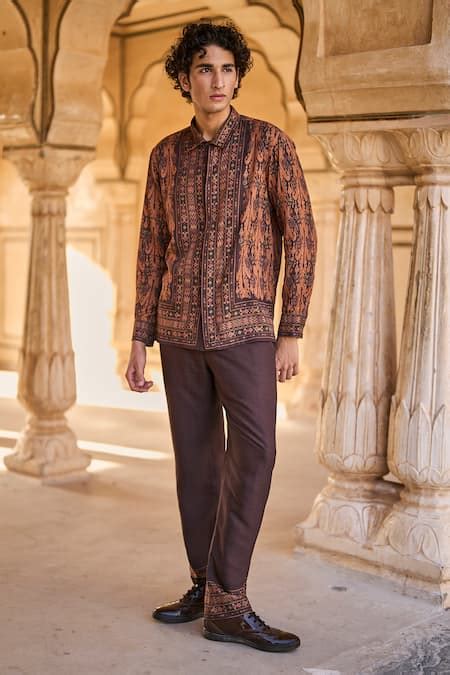 Buy Brown Viscose Embroidery Earth Ikat Print Full Sleeve Shirt For Men ...