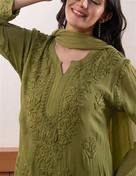 Graceful Chanderi Embroidered Mehndi Green Chikankari Kurti and Pant S ...