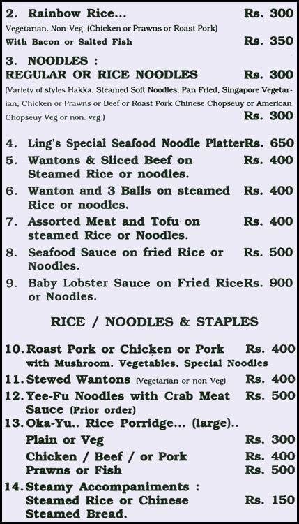 Menu at Ling's Pavilion, Mumbai