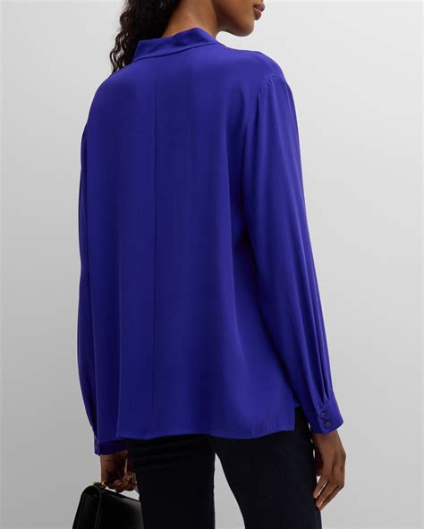 Eileen Fisher Missy Silk Georgette Crepe V-Neck Long-Sleeve Blouse ...