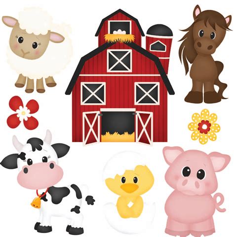 A charming clipart featuring a variety of farm animals and a red barn ...