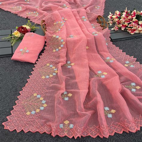 Peach Floral Sequins Embroidered Art Silk Crush Saree