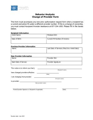 Fillable Online Behavior Analysis: Change of Provider Form ...