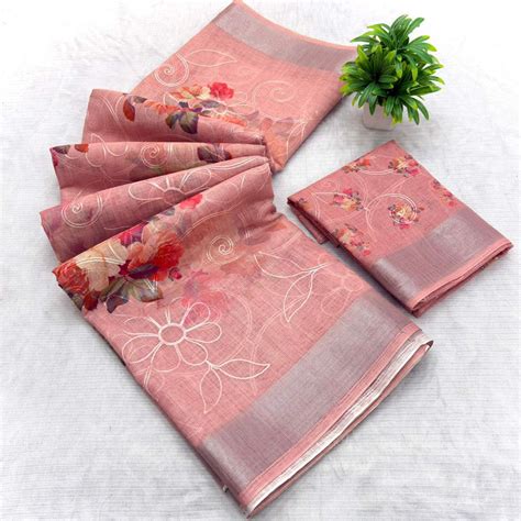 Peach Floral Printed Linen Cotton Saree with Subtle Texture and Thread