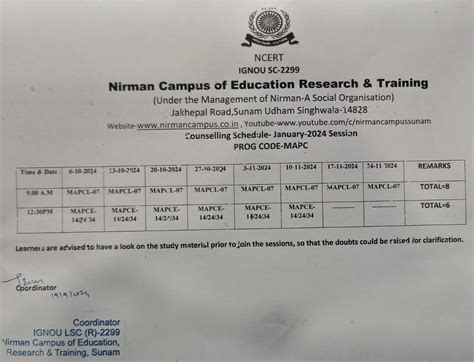 IGNOU-RC-Khanna - Student Corner - Counselling Schedule