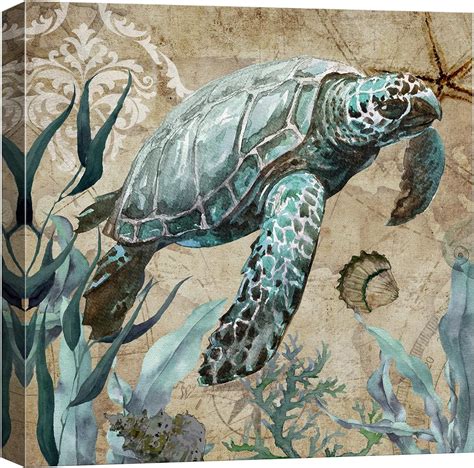 AEFER Canvas Print Wall Art Sea Turtle with Shell Reef Marine Life Ocean Illustrations Modern ...