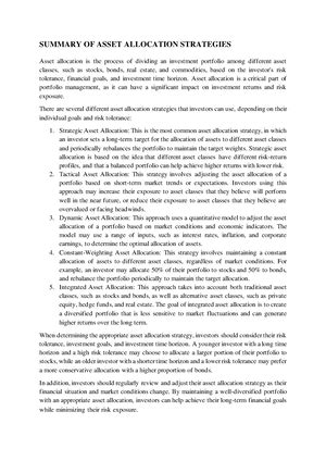 Summary ON Asset Allocationand Their Importance IN Portofilo Management ...