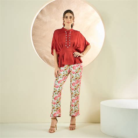 Rust Red Hand Embroidered Top and Floral Pants Set – First Resort by ...