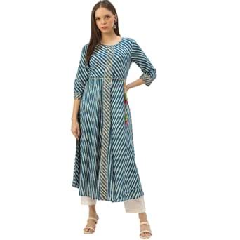 Buy RangDeep Women's Cotton Leheriya Flared Anarkali Kurta (Blue_X ...