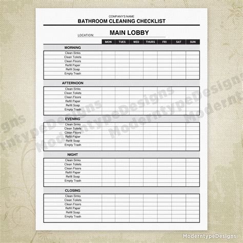 Bathroom Cleaning Checklist Printable Form, Restroom Clean Schedule ...