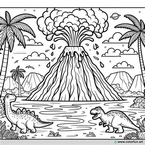 Coloring page of a volcano with a dinosaur Download or Print for free