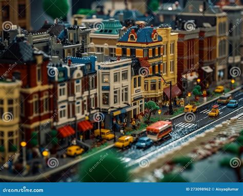 A Miniature Imaginary City Built from Plastic Bricks. Residential and Commercial Buildings are ...