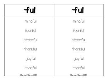 Suffix -ful and -less Word List by Carrezola's Corner | TPT