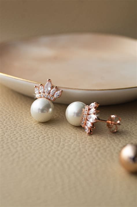 Pearl With A Crown Rose Gold Plated Sterling Silver Statement Stud ...