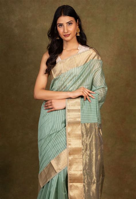Buy Sage Stripes Zari Border Maheshwari Silk Saree - House Of Elegance ...