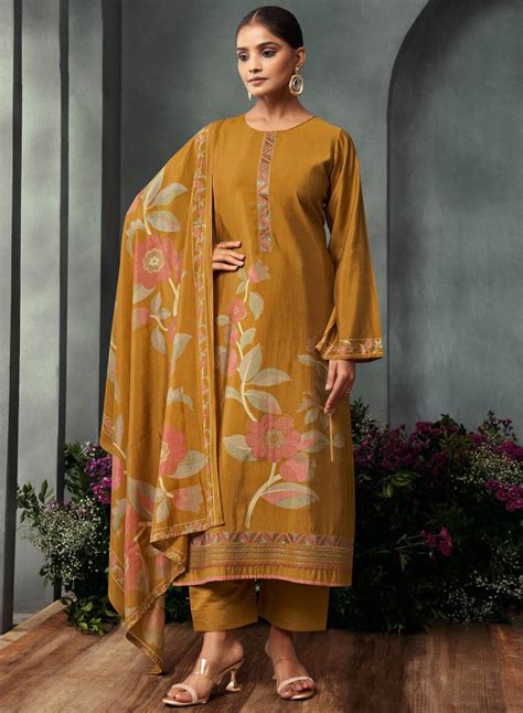 Fancy Mustard Unstitched Pure Muslin Suit Dress Material with Embroide ...