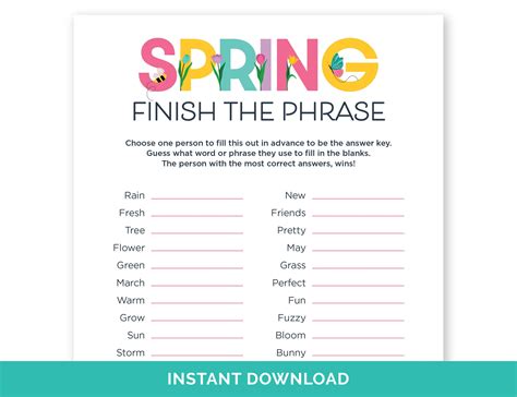 Spring Finish the Phrase, Printable Spring Party Game for Kids & Adults ...