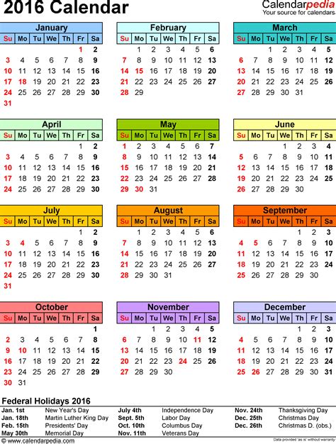 2016 Calendar with Federal Holidays & Excel/PDF/Word templates