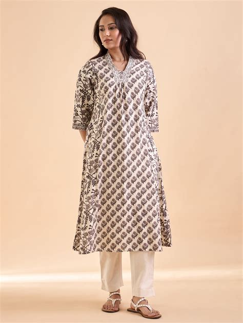 Ivory And Brown PureCotton Printed Kurti With Embroidery