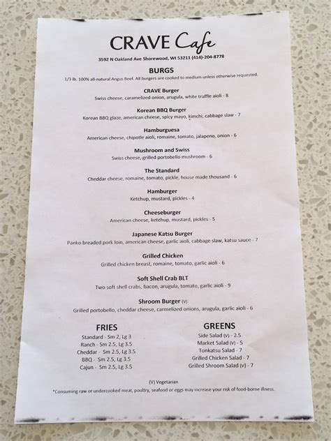 Menu at Crave Cafe, Shorewood