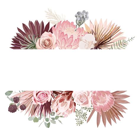 Akwarela kwiatowy wesele wektor rama. Trawa pampasowa, protea, kwiaty ...