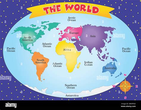 Colorful World Map with Continents and Oceans for Kids Stock Vector ...