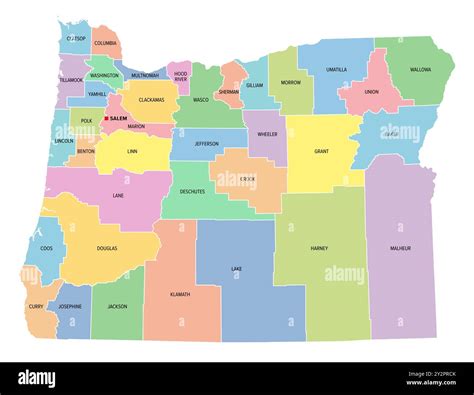 Oregon, U.S. state, subdivided into 36 counties, multi colored ...