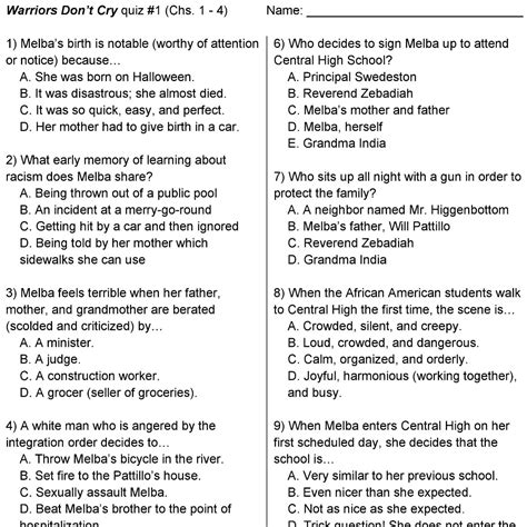 Warriors Don't Cry Reading Quizzes (5 readings) - TeachNovels.com