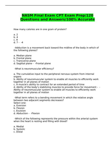 NASM Final Exam CPT Exam Prep/120 Questions and Answers/100% Accurate ...